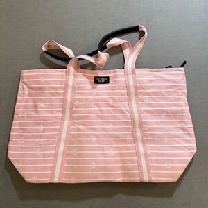 Victoria's Secret Pink White Striped VS Logo Beach‎ Tote Bag Purse NEW